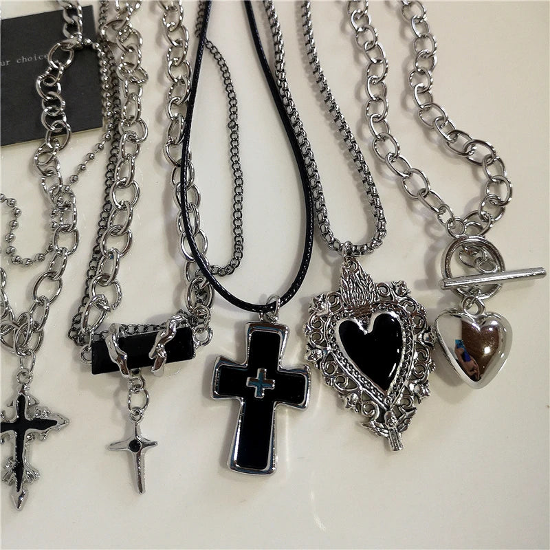 Punk Rock Black Heart Cross Pendant Chain Necklace Goth Accessories