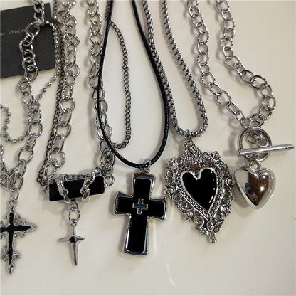 Punk Rock Black Heart Cross Pendant Chain Necklace Goth Accessories