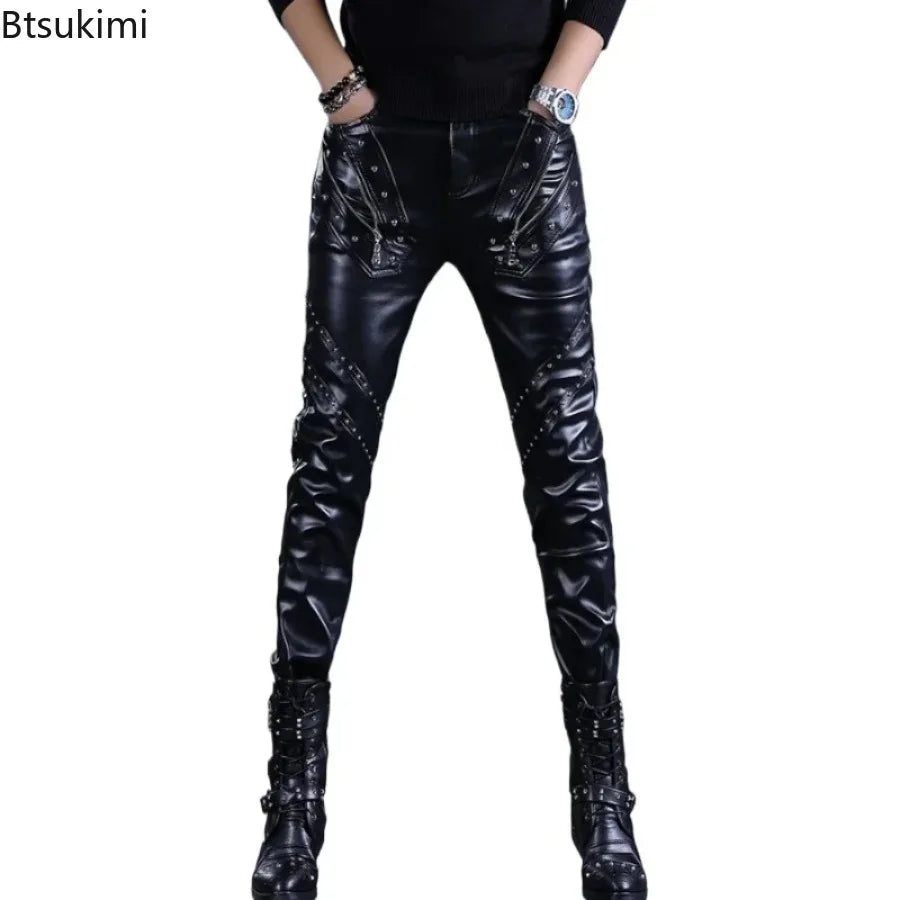Rock Style PU Leather Rivets Zipper Slim Motorcycle Trousers