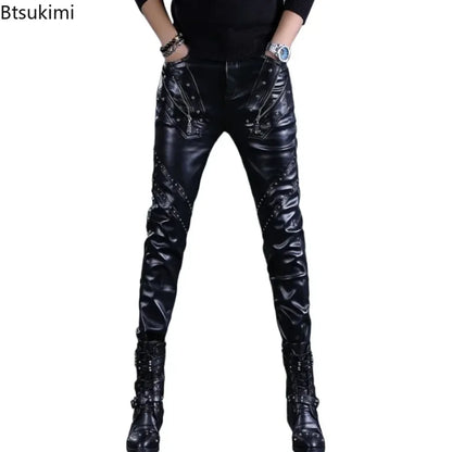 Rock Style PU Leather Rivets Zipper Slim Motorcycle Trousers