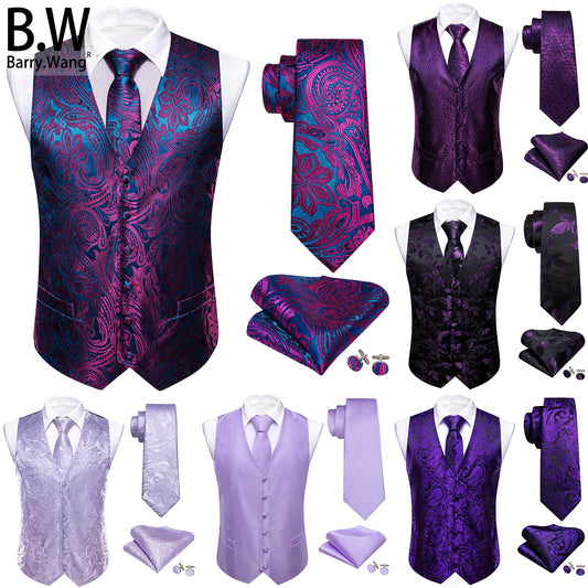 Lilac Purple Violet Lavender Silk Men Vest Tie Hanky Cufflinks Set Woven Waistcoat Sleeveless