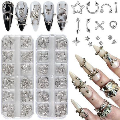 12 Grids Goth Punk Nail Charms Studs Piercing Designs Metallic Silvery Nails Art Rivets 3D Stars Alloy Nail Art Decorations