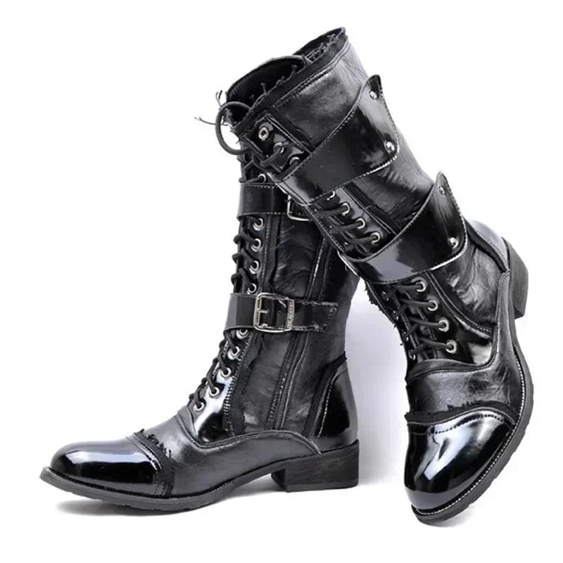 Gothic Punk Dance Boots for Men Mid Calf Warm Soft Leather Motorcycle