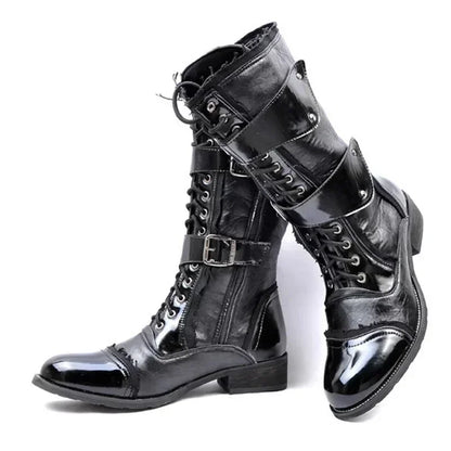 Gothic Punk Dance Boots for Men Mid Calf Warm Soft Leather Motorcycle