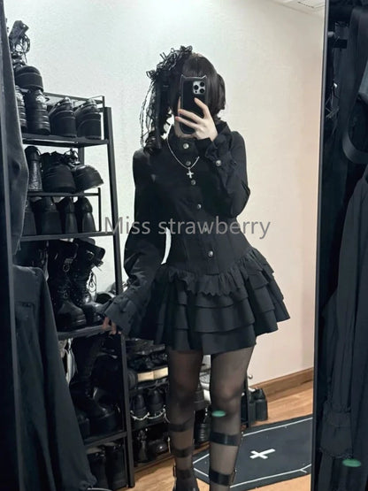 Spring Lace Up Dress Black Lolita Slim Dresses Lace Long Sleeve