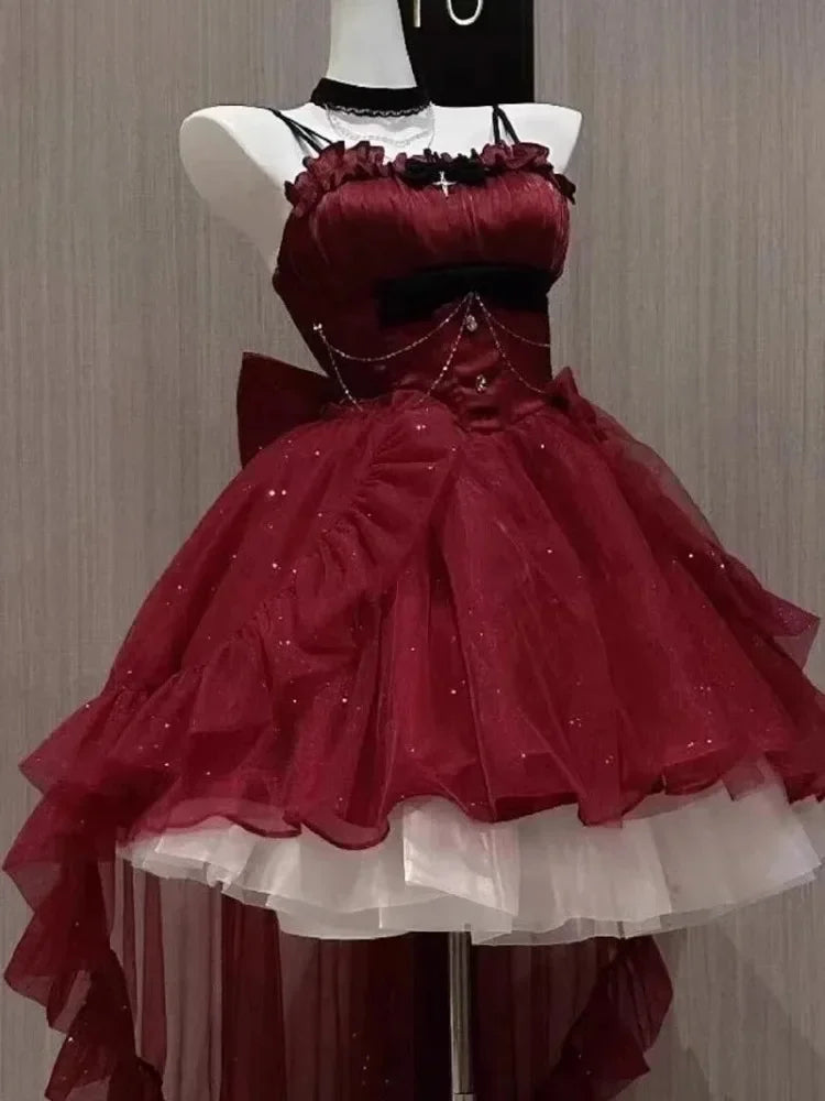 Sling Retro Tulle Ruffles Trim Dress