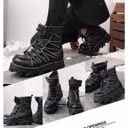 Genuine Leather Motorcycle Boots Platform Elastic