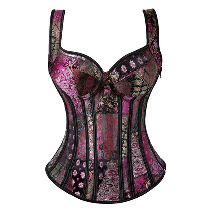 Sexy Women Corset with Straps Black Overbust Floral Jacquard Corsets Zipper Bustier