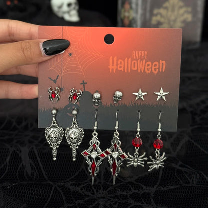 6Pairs/Set Halloween Red Crystal Skull Spider Metal Drop Earrings for Women Goth Cross Rose Piercing Earrings Jewelry