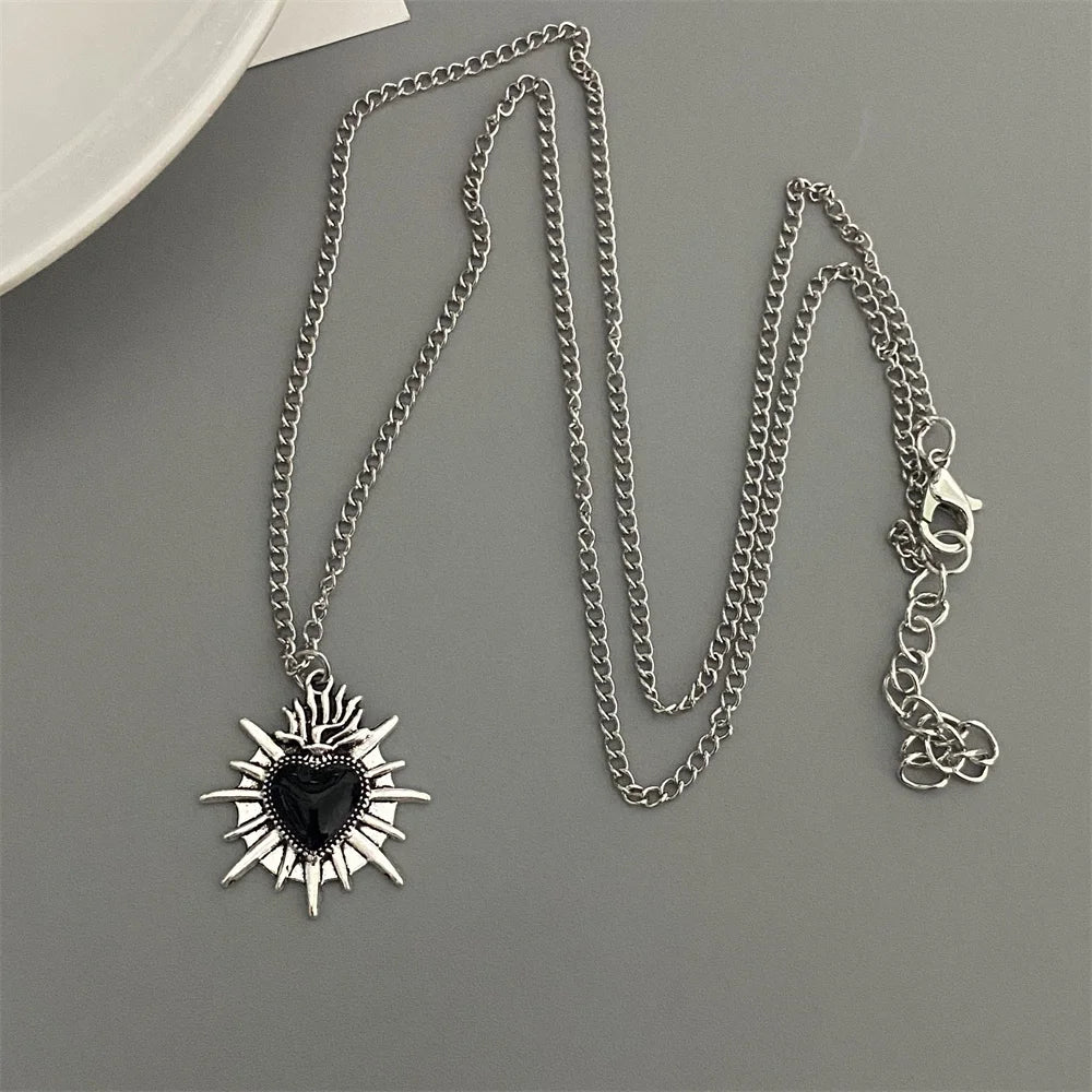 Red Black Heart Pendant Chain Necklace Vintage Goth