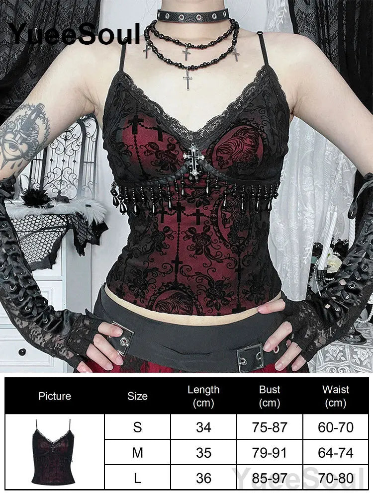 Gothic Lace Mesh Crop Spaghetti Strap Tops