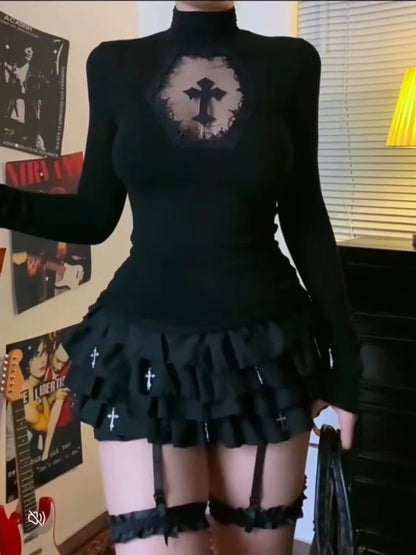 Turtleneck Gothic Cross Hollow Slimming Long Sleeve Shirt