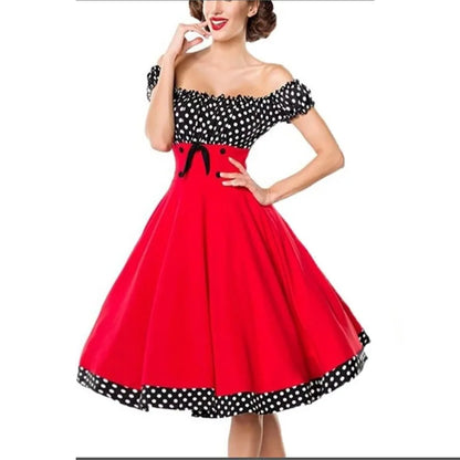50s 60s Vintage Polka Dot Print Pin Up Off Rockabilly Dress