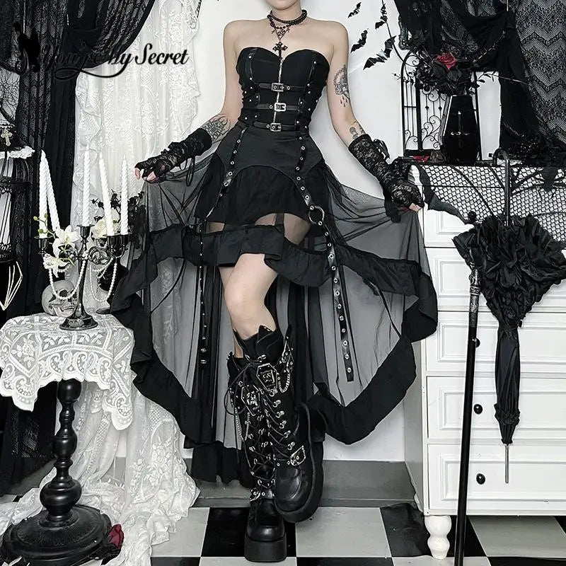 Slimming Irregular Mesh Skirt Dark Style High Waist