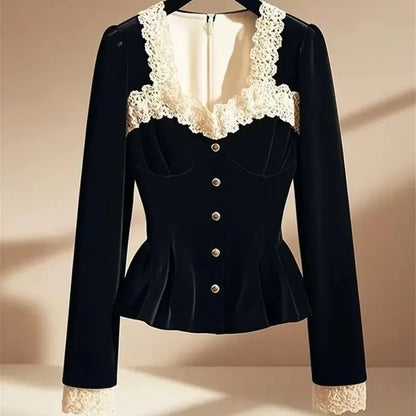 Luxury French Velvet Blouse Office Lady