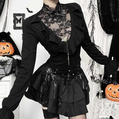 Goth Vampire Lace Splicing Top Ruffle Edge