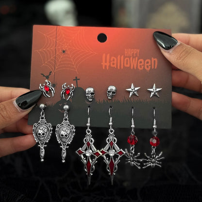 6Pairs/Set Halloween Red Crystal Skull Spider Metal Drop Earrings for Women Goth Cross Rose Piercing Earrings Jewelry
