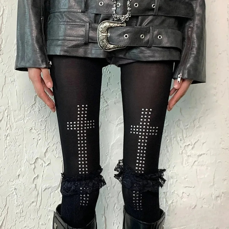 Rhinestone Cross Tights Pants Pantyhose