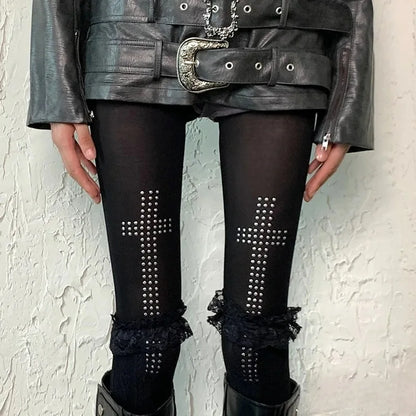 Rhinestone Cross Tights Pants Pantyhose