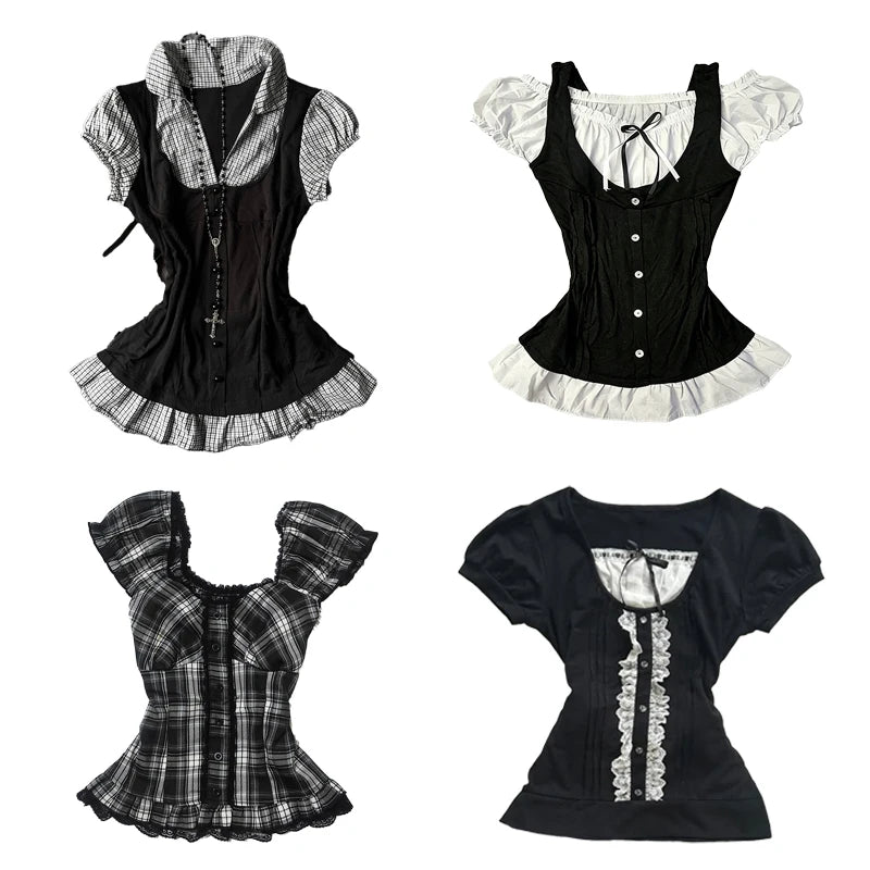 Corset Plaid Lace Ruffle Short Sleeve Shirt