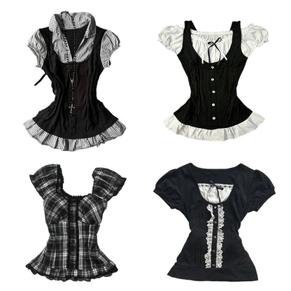 Corset Plaid Lace Ruffle Short Sleeve Shirt