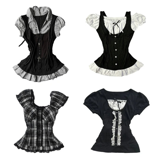 Corset Plaid Lace Ruffle Short Sleeve Shirt