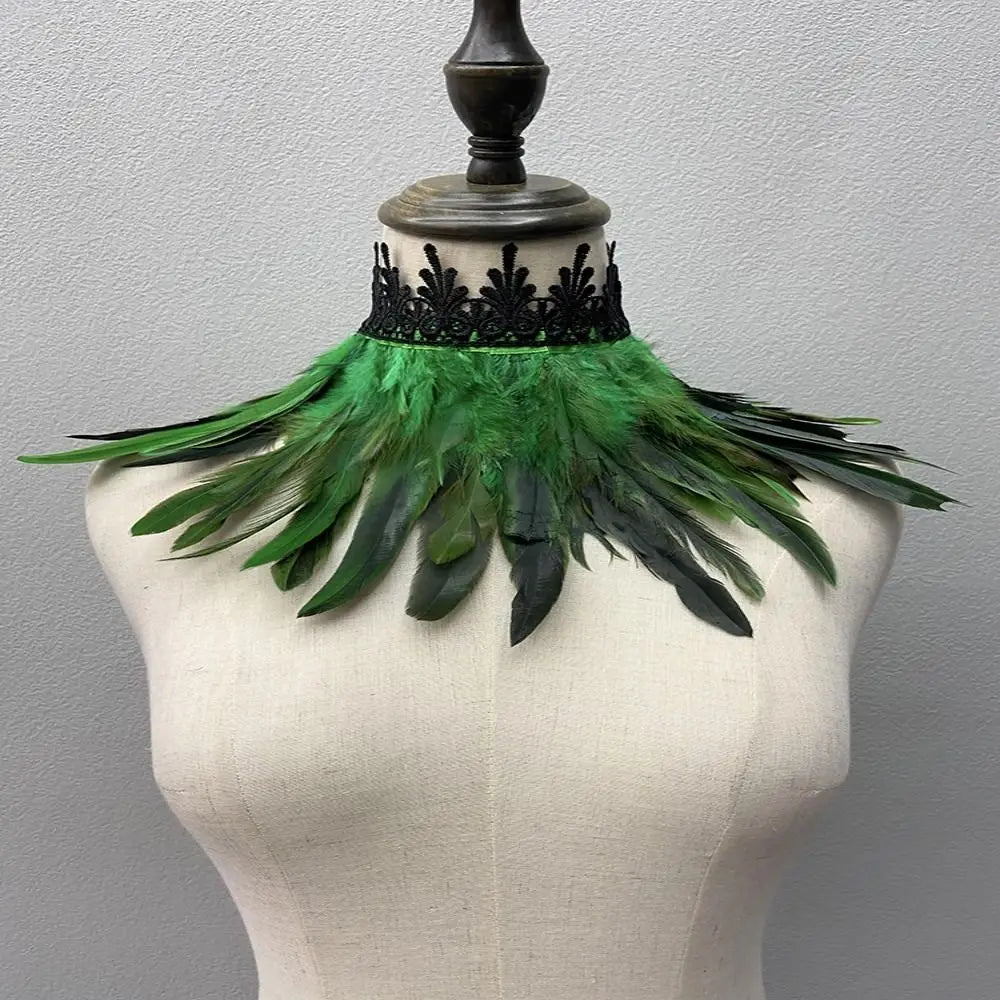 Black Feather Choker Collar Neck Cover Cape Shawl With Lace