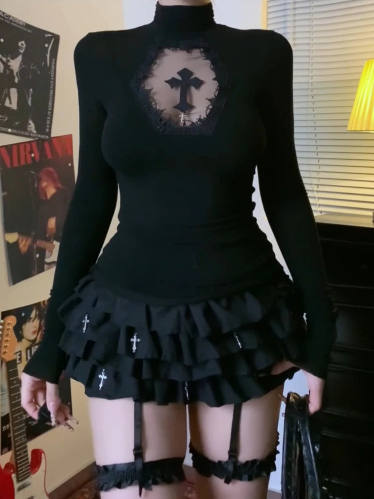 Turtleneck Gothic Cross Hollow Slimming Long Sleeve Shirt