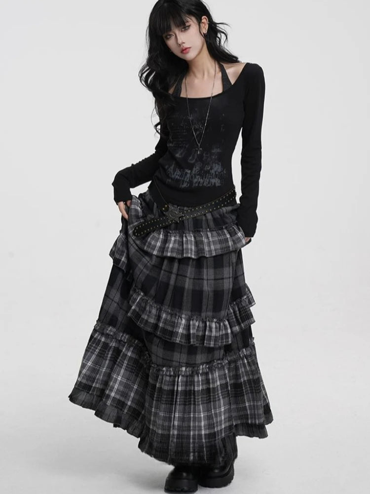 Vintage Long Plaid Ruffles Patchwork Casual Loose Skirt