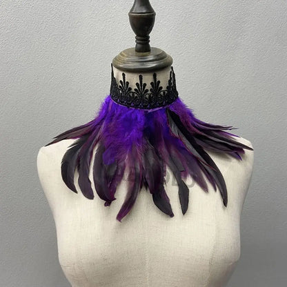 Black Feather Choker Collar Neck Cover Cape Shawl With Lace
