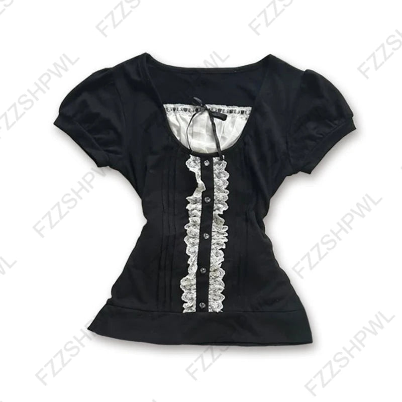 Corset Plaid Lace Ruffle Short Sleeve Shirt