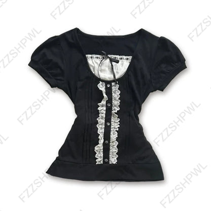 Corset Plaid Lace Ruffle Short Sleeve Shirt
