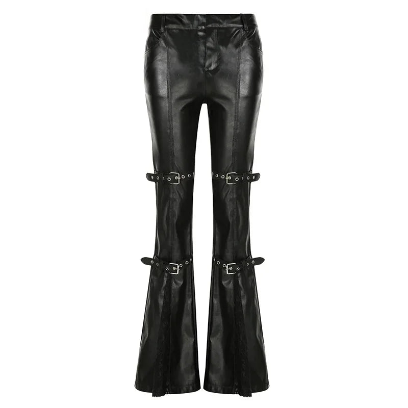 PU Leather Flare Pants, Gothic Buckle, Lace Patchwork
