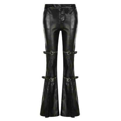 PU Leather Flare Pants, Gothic Buckle, Lace Patchwork