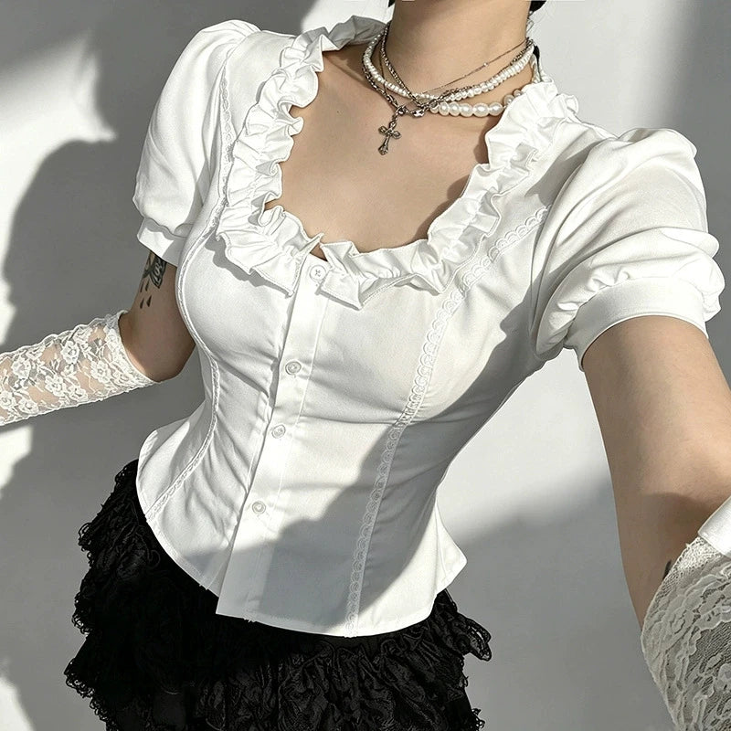 Goth Dark White Elegant U-neck Short Sleeve Shirt Blouse Ruffles Button Tops Office Shirts