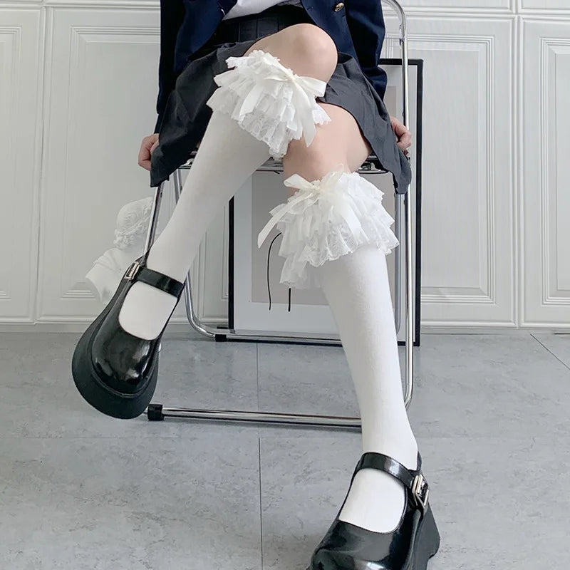 Lace Stockings Bow Knot Stockings Ruffle Long Socks