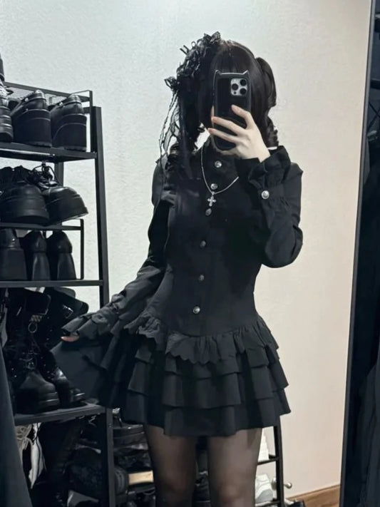 Spring Lace Up Dress Black Lolita Slim Dresses Lace Long Sleeve