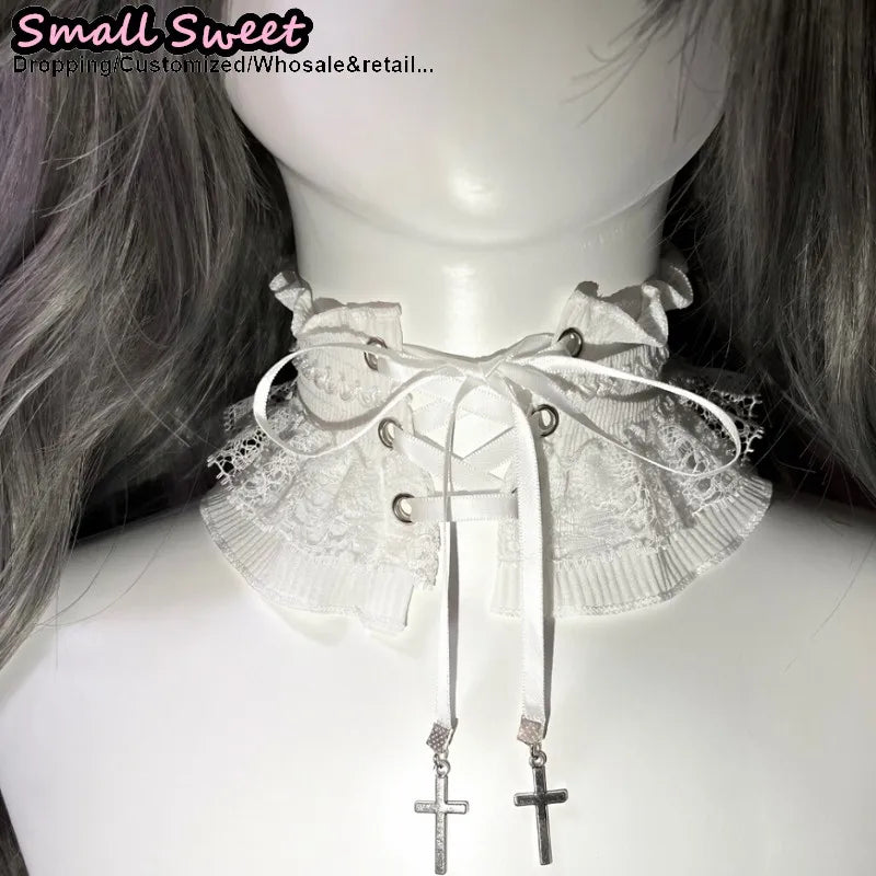 Lace Ruffle Elastic Tie With Metal Cross Pendant Collar