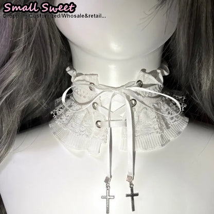 Lace Ruffle Elastic Tie With Metal Cross Pendant Collar