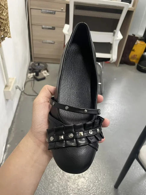Black studded ballet leather flats metal buckled round toe sandals