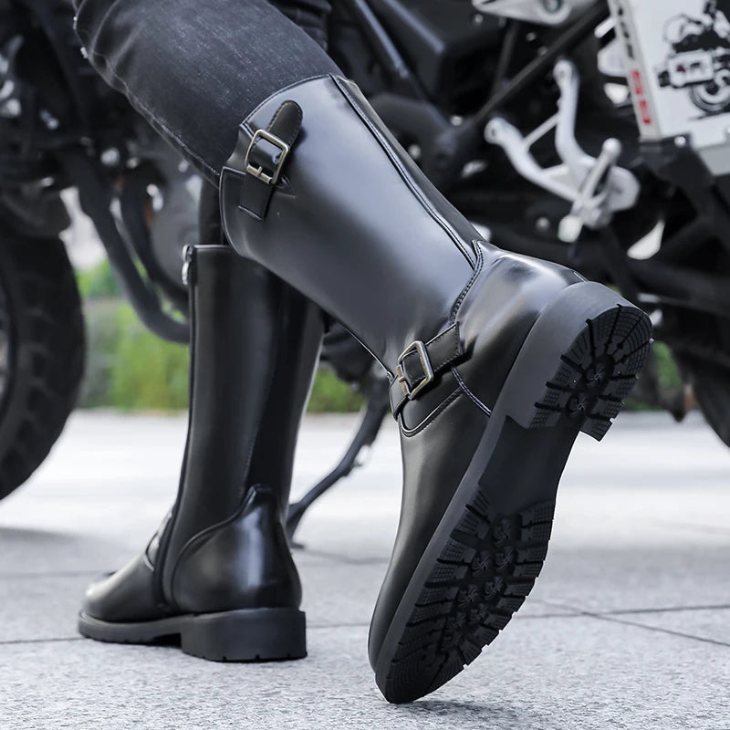 Leather Motorcycle Boots Mid-calf Gothic Belt Rivet Boots