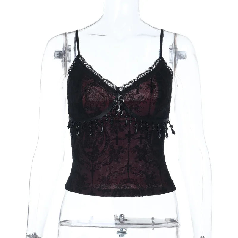 Vintage Camisole Lace Patchwork Beading Crop Tank Tops