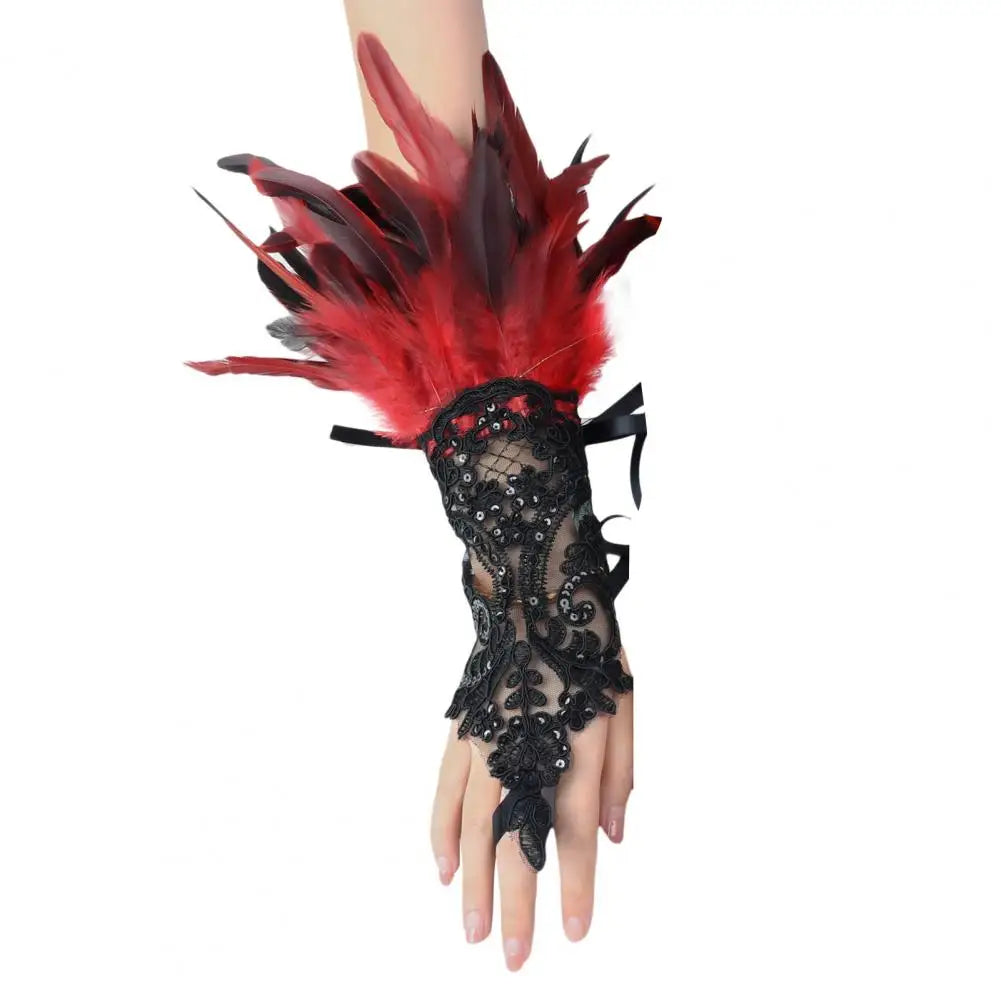 Lace Faux Feather Long Glove Gothic Mesh Embroidery Mitten