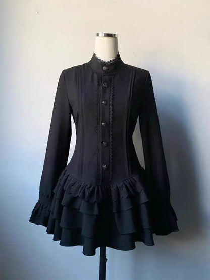 Spring Lace Up Dress Black Lolita Slim Dresses Lace Long Sleeve