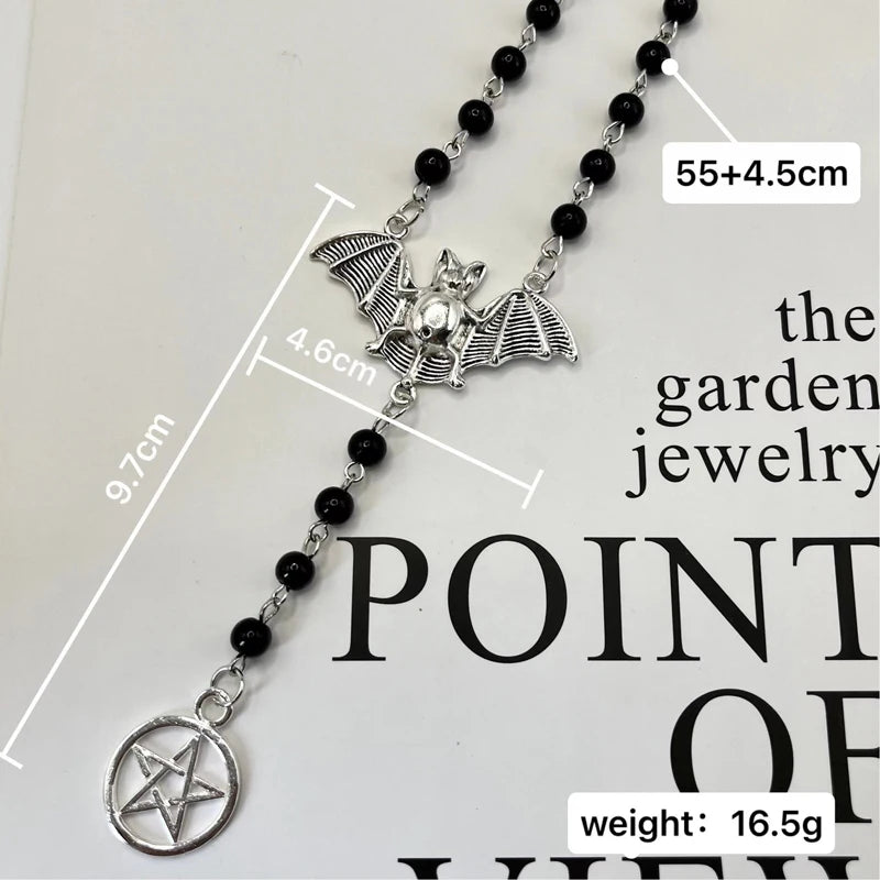 Artificial Pearl Bead Long Sweater Chain Vintage Bat and Pentacle Pendant Necklace