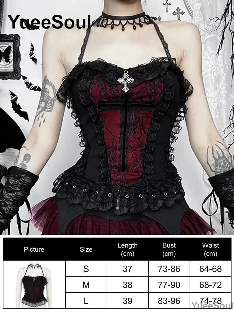 Gothic Lace Mesh Crop Spaghetti Strap Tops