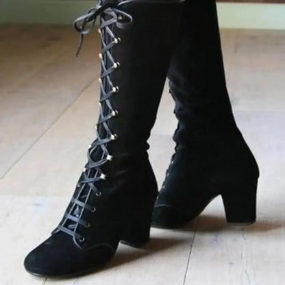 Knee high Retro Boots Lace Up Thick Heels Shoes