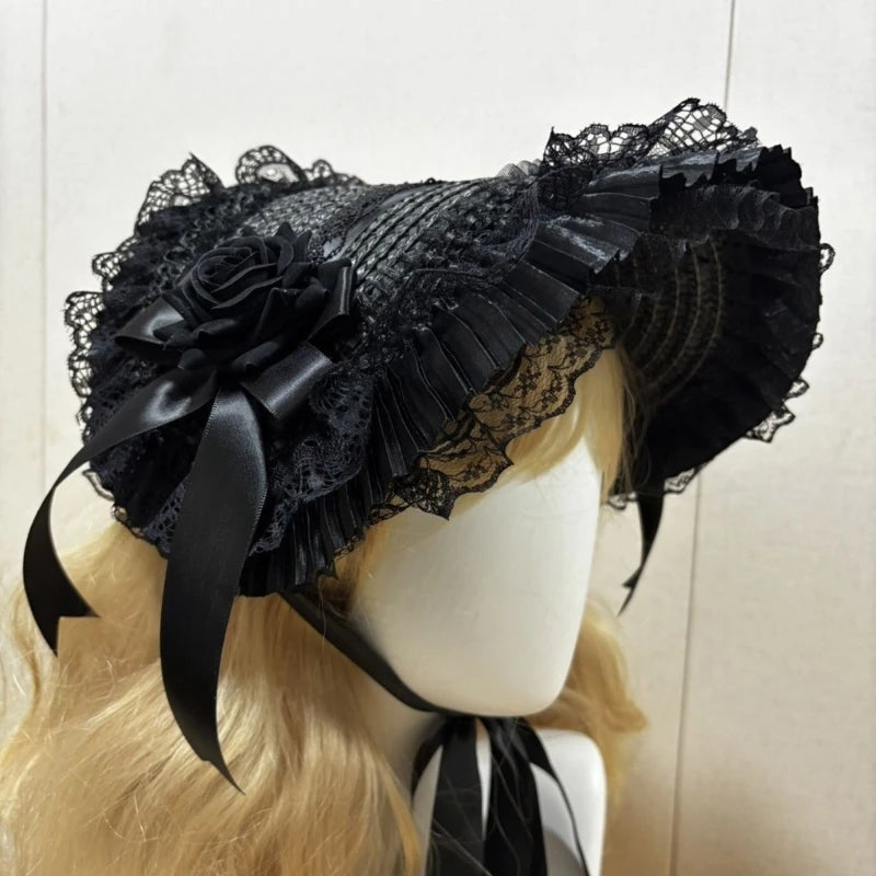 Straw Bonnet Hat With Lace Trim Bowknot