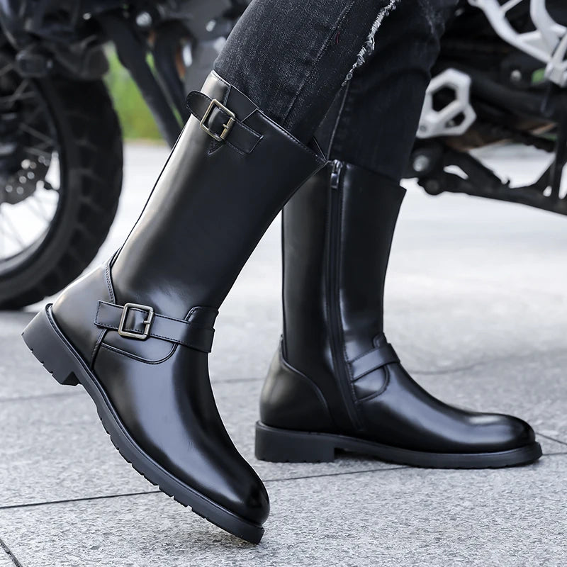 Leather Motorcycle Boots Mid-calf Gothic Belt Rivet Boots