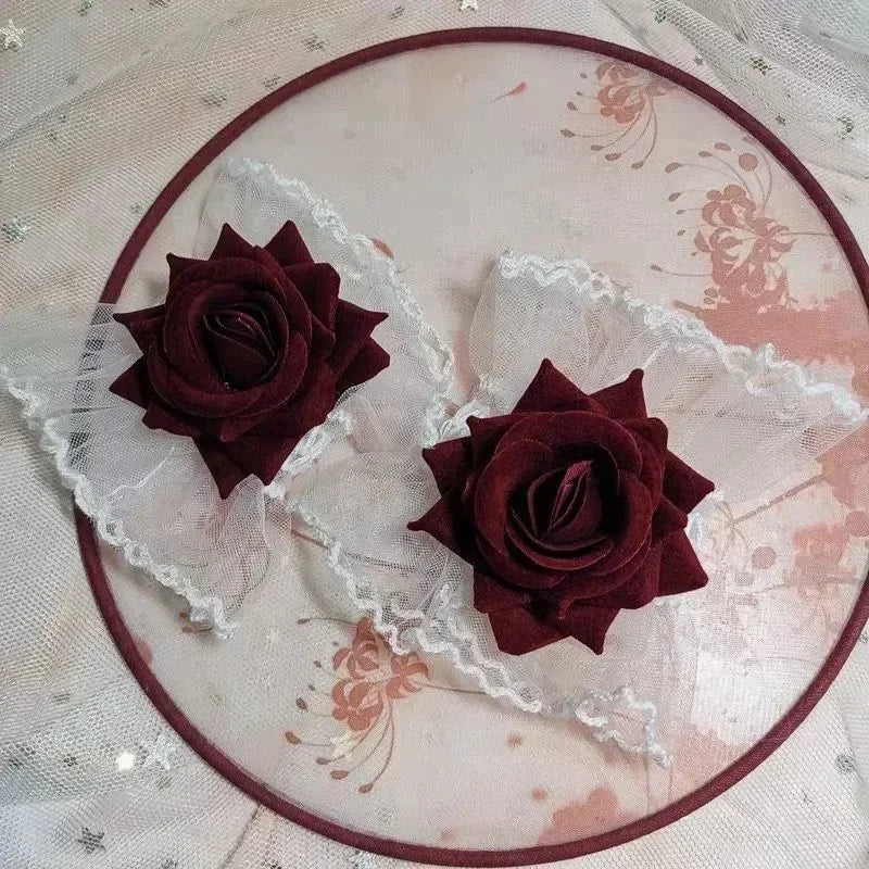 Ruffle Lace Red Rose Wristbands Charm Bracelets Flower Mesh Hand Wristbands